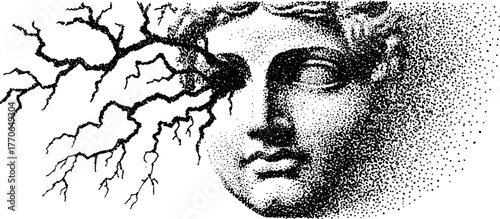 Abstract black and white greek statue with lightning effect for artistic design