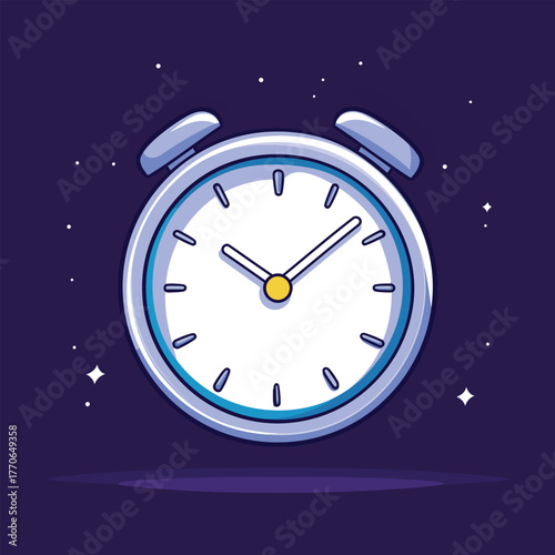 A silver alarm clock floats against a dark starry night background