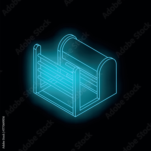 Neon blue isometric horse jump obstacle glowing on black background, perfect for equestrian or sport related designs