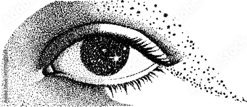 Cosmic eye illustration with celestial theme in black and white