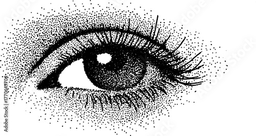 Black and white human eye illustration with long lashes dotwork design