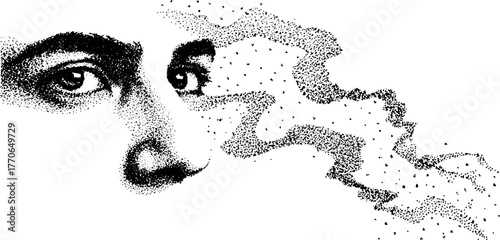 Surreal human face enveloped in smoke pattern - black and white dotwork art design