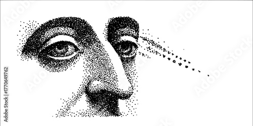 Surreal human face illustrating duality between organic and mechanical elements in black and white