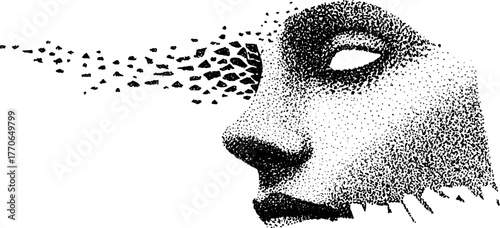 Abstract human face in black and white with shattered elements in dotwork style