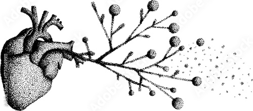 Black and white heart with sprouting branches design for posters and decor