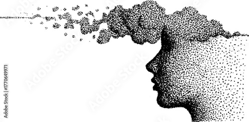 Abstract human profile dissolving into particles with dotwork effect