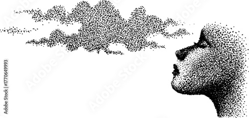 Surreal dissolving human profile in black and white stipple art for creative design