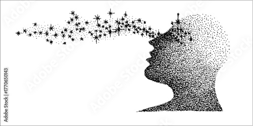 Abstract human silhouette with starry halftone design for creative projects