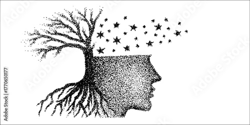 Surreal human silhouette with roots and stars in black and white stipple art