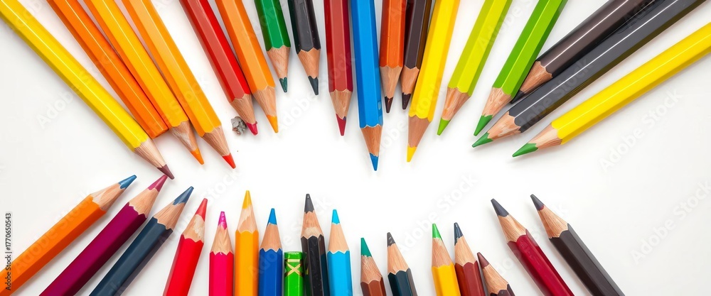 Fototapeta premium Vibrant colored pencils arranged artfully on white background, art, close up