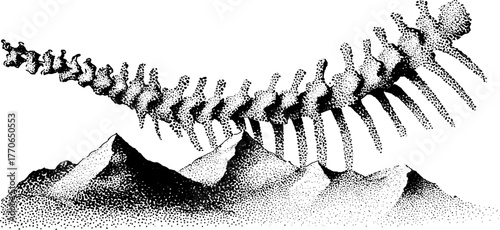 Surreal spine transformation above mountains - black and white dotwork illustration