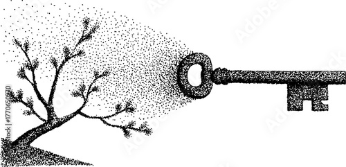 Surreal concept of a key transforming into a tree branch in stipple art