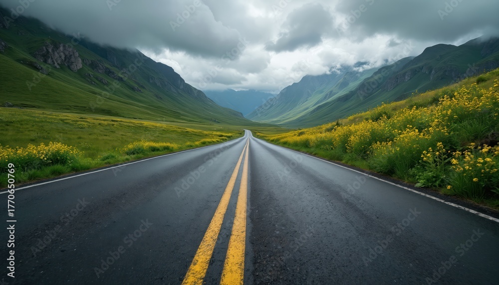 Naklejka premium Black asphalt road extends into distant mountains under overcast summer sky. Green valley flanks route with vibrant yellow wildflowers lining roadside. Scenic panorama suggests long journey through