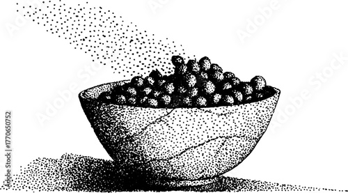 Black and white marble bowl overflowing with berries in halftone style for vintage design