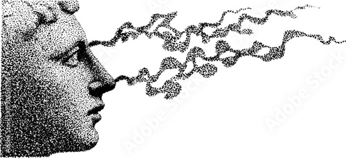 Marble bust dissolution in black and white stipple art for vintage design