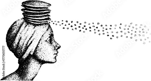 Surreal marble bust with stacked plates and particle flow in black and white