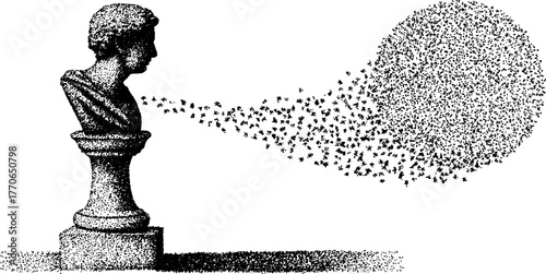 Marble bust emitting abstract swarm in black and white design for art concept