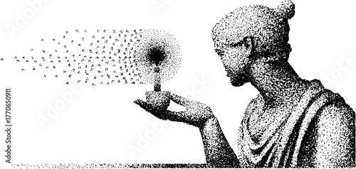 Black and white dotwork illustration of marble bust holding a glowing sphere