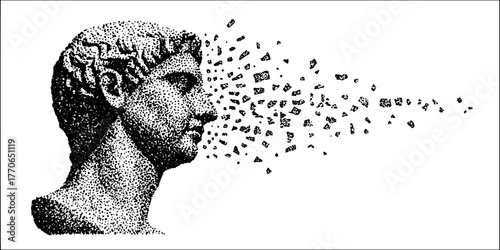 Marble bust with fragmented face in dotwork style