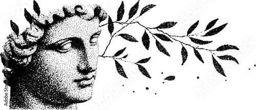 Black and white marble bust illustration with leaf motif for classic art design