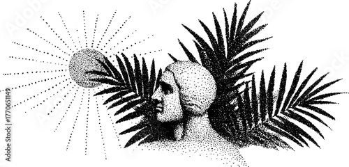 Vintage halftone marble bust with sunburst and tropical leaves