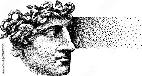 Classical marble bust with laurel wreath in halftone dot illustration style