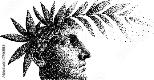Classical marble bust with laurel wreath in black and white stipple effect
