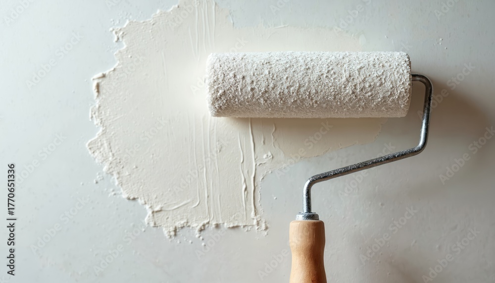 Obraz premium Close up photo shows roller applying white paint to wall surface. DIY home renovation process concept. Painter decorates interior. Texture and pattern of the coat are visible.