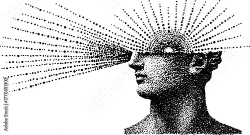 Marble bust with radiating light rays in black and white illustration for art and design