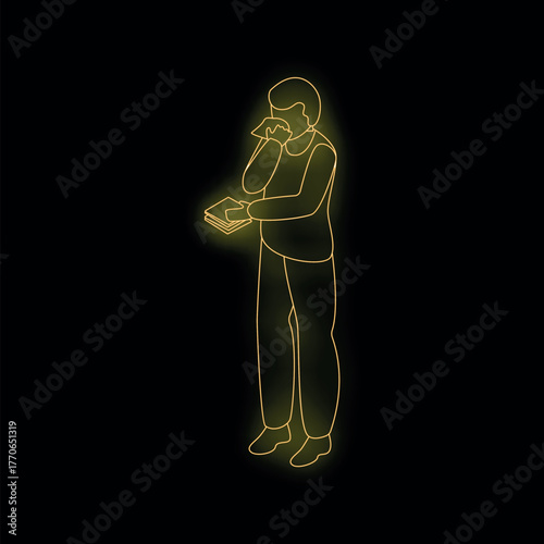 Neon light style illustration of sad man crying and reading letter