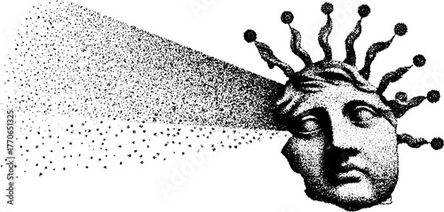 Classical marble bust with radiant light rays - black and white dotwork design for art posters