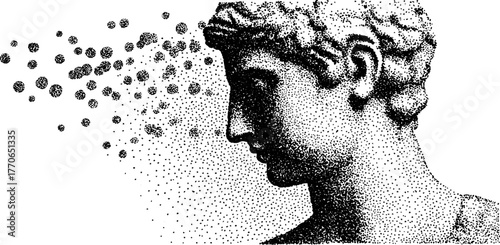 Marble bust with snowflakes in vintage halftone effect for artistic prints