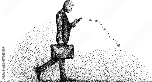 Vintage black and white marble figure in office suit with briefcase and phone