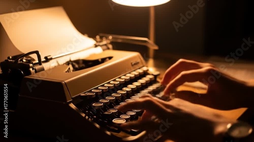 Nocturnal Writer: Typing on Vintage Typewriter Under Warm Lamplight