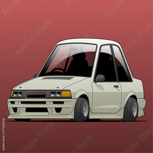 Cartoon-style compact car with exaggerated proportions, lowered stance, and wide tires on red background, vector illustration ideal for automotive design, editorial, or merchandise use