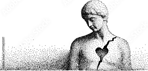 Cracked heart marble statue - symbol of fragility and emotion in black and white art