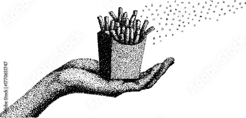 Vintage dotwork of marble hand offering french fries in box