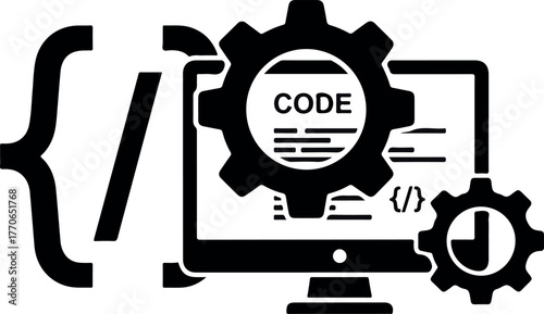 Computer screen with code, gears, and brackets representing software development and programming.