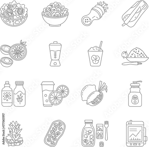 Line art illustration of various food and drink items including salads, smoothies, fruits, and packaged meals.
