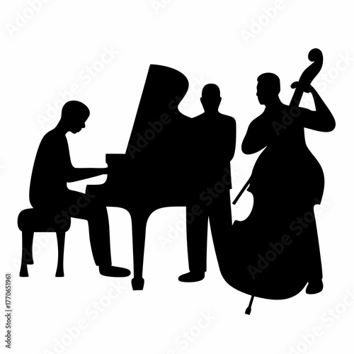 Silhouette of a jazz band performance featuring piano and double bass