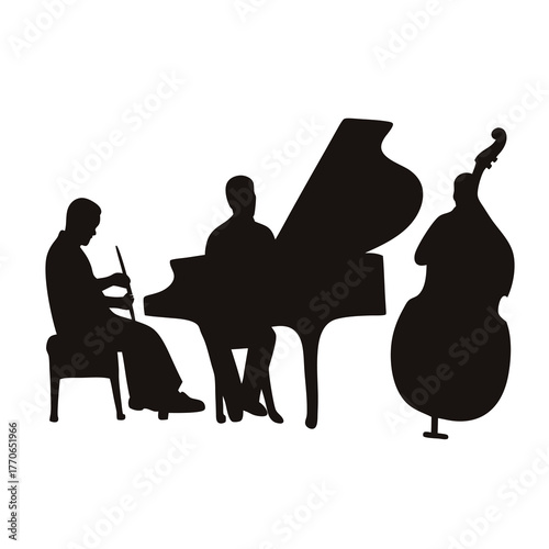 Silhouetted Jazz Trio Performing with Piano, Clarinet, and Double Bass Musical Instruments