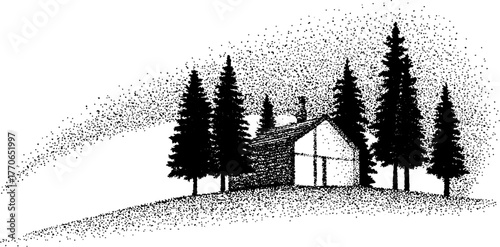 Modern cabin in pine forest landscape with halftone effect