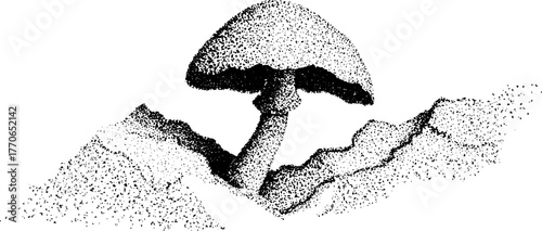 Black and white mushroom cap emerging from ground in vintage dotwork style for design projects