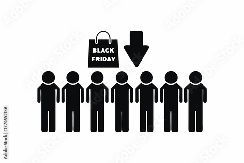 People standing in queue for Black Friday sale silhouette vector illustration, isolated on white background