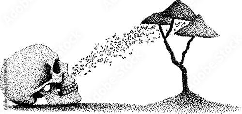 Black and white illustration of a mushroom growing through a skull, symbolizing life and death