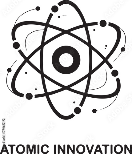 Atomic Structure Icon with Orbiting Electrons and Text Atomic Innovation science energy