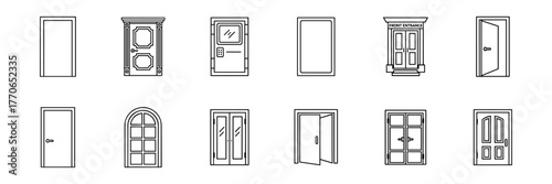 Set of Twelve Minimalist Black and White Door Icons in Line Style