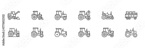 Agricultural Vehicles and Equipment Line Icon Set