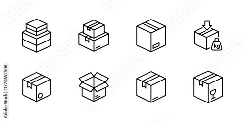 Set of Black and White Line Box Icons with Various Features