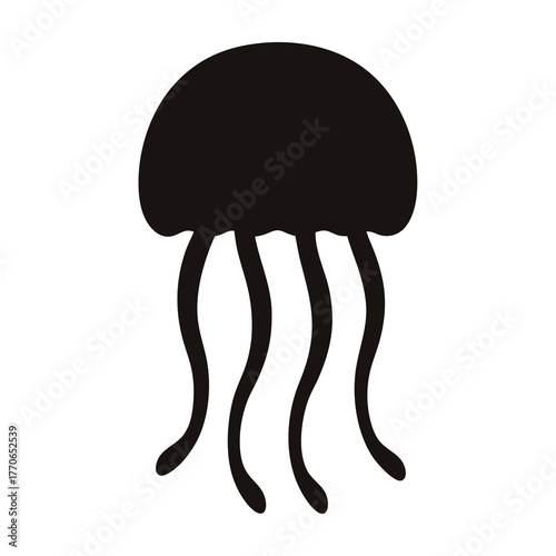 Black silhouette of a jellyfish with tentacles on a white background